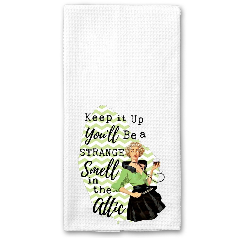 Retro Humor Waffle Weave Kitchen Towel Strange Smell in the Attic White Green